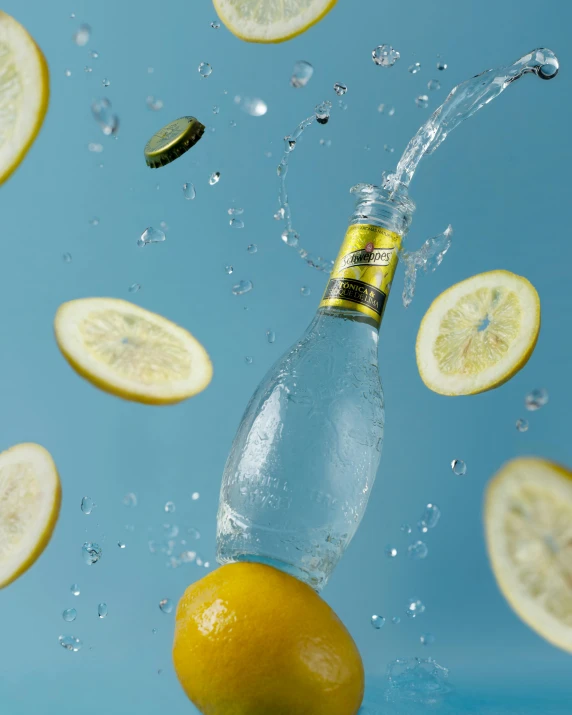 a bottle of water splashing out of a lemon, pexels contest winner, photorealism, 🍸🍋, 6 pack, confetti, olympic diving springoard