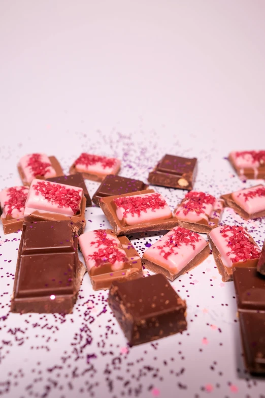 a table topped with pieces of chocolate covered in sprinkles, by Valentine Hugo, pink and red colors, light scatter, medium, thumbnail