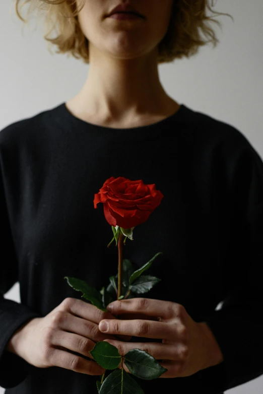 a woman holding a red rose in her hands, by Robbie Trevino, wearing a black sweater, single body, slightly minimal, wearing a t-shirt