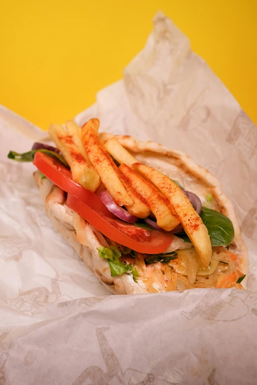 a sandwich sitting on top of a wrapper, serving fries, mediterranean, 'groovy', chicken