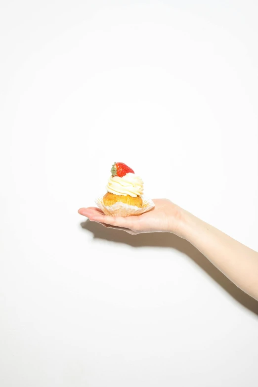 a person holding a piece of cake in their hand, unsplash, visual art, white background : 3, rinko kawaichi, made of food, longque chen