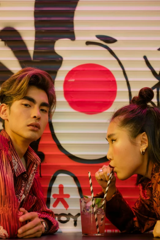 a man and a woman sitting at a table, trending on pexels, pop art, portrait of a japanese teen, thailand, colorful with red hues, ethnicity : japanese