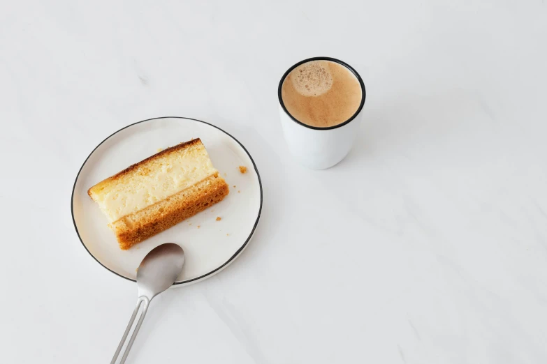 a piece of cake on a plate next to a cup of coffee, inspired by Richmond Barthé, minimalism, vanilla, background image, tall thin, glossy white metal