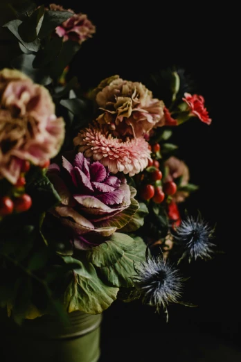 a vase filled with lots of flowers on top of a table, a still life, inspired by François Boquet, trending on unsplash, baroque, dark and muted colors, close up details, made of flowers and berries, detail shot