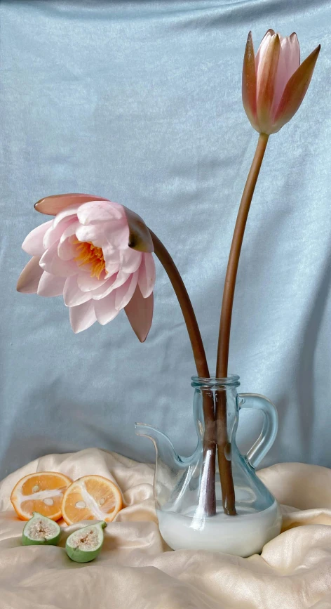 a vase filled with pink flowers sitting on top of a bed, a still life, inspired by Gerard David, unsplash, photorealism, standing gracefully upon a lotus, pale blue, cloth simulation with houdini, brown