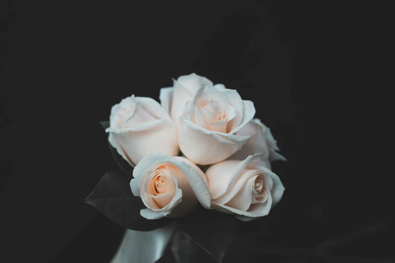 a bouquet of white roses sitting on top of a table, standing with a black background, subtle detailing, with soft pink colors, slightly minimal