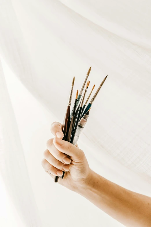 a woman holding a bunch of brushes in her hand, a minimalist painting, trending on unsplash, paint tubes, instagram photo, nature painting, spines