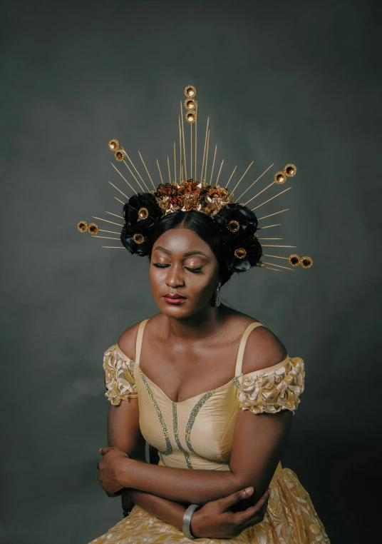 a woman in a dress with a crown on her head, by Chinwe Chukwuogo-Roy, pexels contest winner, afrofuturism, golden corset, film promotional still, brown, hair jewellery