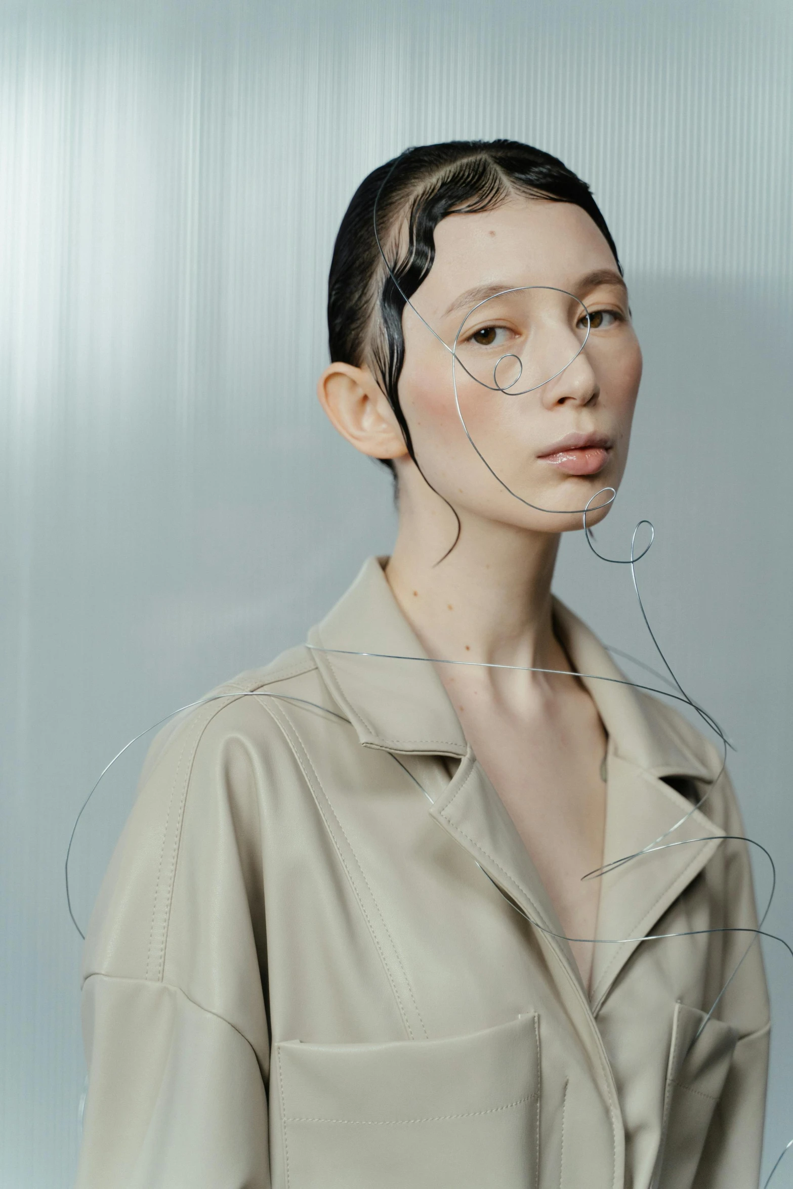 a woman that is standing in front of a wall, inspired by Gao Cen, trending on pexels, conceptual art, light brown trenchcoat, wires for hair, model エリサヘス s from acquamodels, cream dripping on face