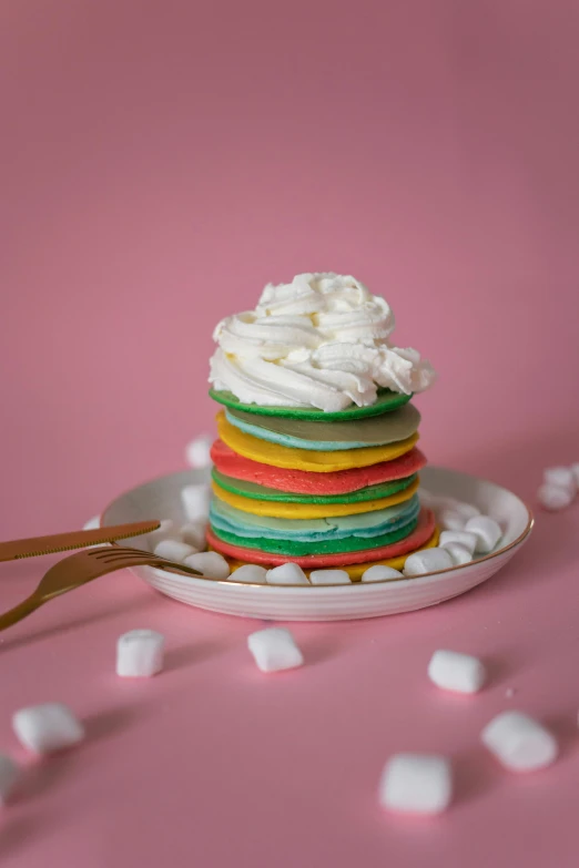 a stack of pancakes on a plate with marshmallows, inspired by Peter Alexander Hay, color field, whipped cream on top, auroracore, multiple colors, full product shot