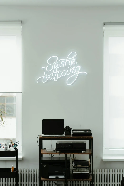 a living room filled with furniture and a neon sign, a tattoo, trending on unsplash, white accent lighting, spraypainted on a wall, stark light, with a white background