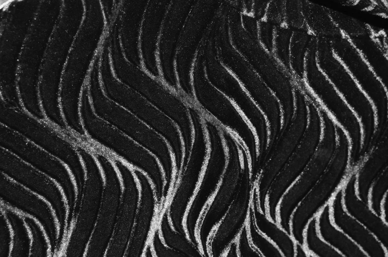 a black and white photo of waves in the sand, a stipple, inspired by René Burri, pexels, op art, on deep black velvet, fractal fiberglass tendrils, charcoal and silver color scheme, high texture detail)