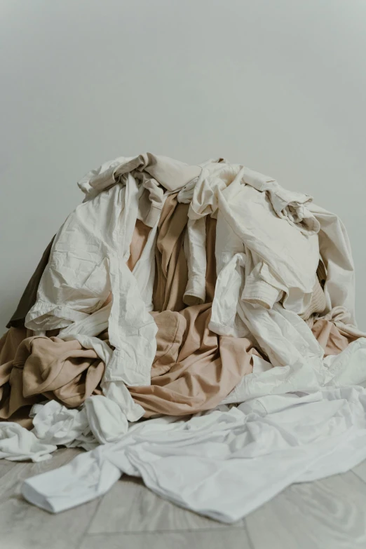 a pile of dirty clothes sitting on top of a bed, unsplash, renaissance, made of lab tissue, brown and white color scheme, julia hetta, made of fabric