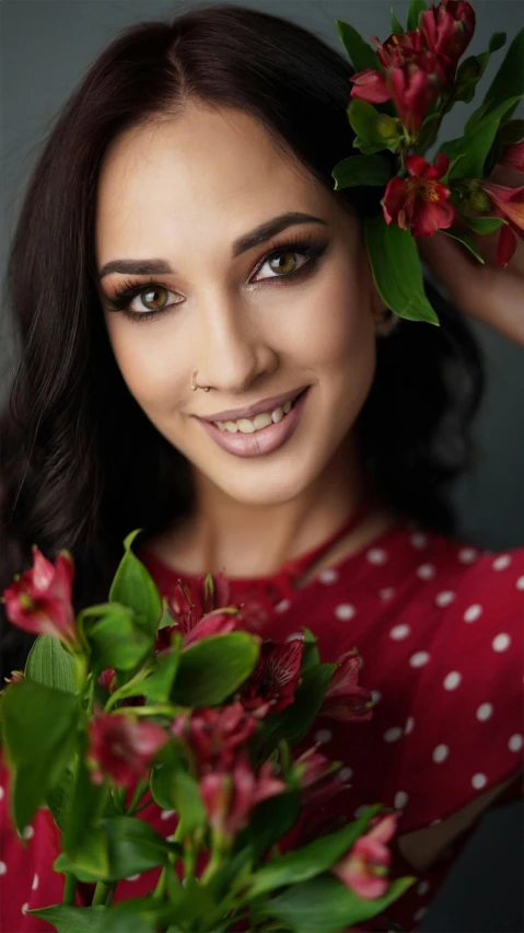 a beautiful young woman holding a bouquet of flowers, pexels contest winner, arabian beauty, maroon, 15081959 21121991 01012000 4k, oona chaplin