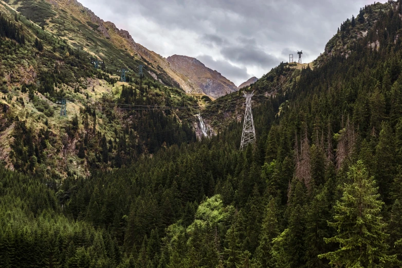 a train traveling through a lush green forest, a matte painting, inspired by Otto Meyer-Amden, pexels contest winner, hurufiyya, chairlifts, hiking in rocky mountain, powerlines, panorama view