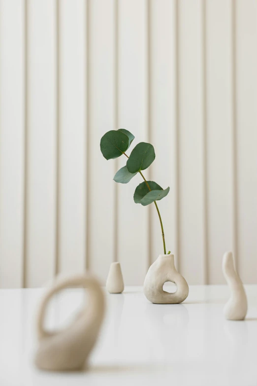 a close up of a vase with a plant in it, an abstract sculpture, inspired by Constantin Hansen, minimalism, petite pear slim figure, porcelain organic tissue, with one small, various sizes