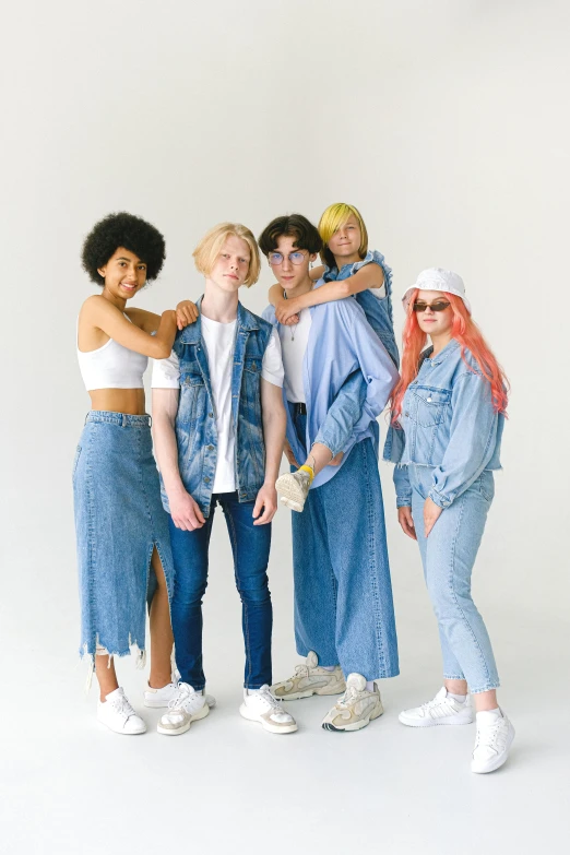 a group of young people standing next to each other, trending on pexels, renaissance, albino, denim, light blues, rex orange county