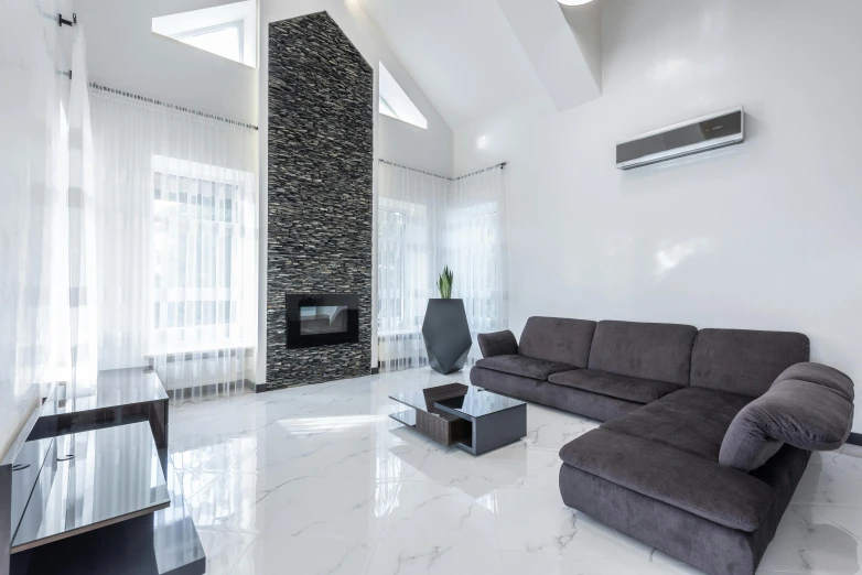 a living room filled with furniture and a flat screen tv, by Alexander Fedosav, pexels contest winner, light and space, white tile on the floor, fireplace, high ceilings, charcoal and silver color scheme