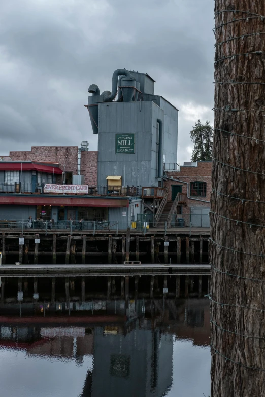 a tree that is next to a body of water, a portrait, inspired by Tom Roberts, unsplash, graffiti, smokestacks at night in the rain, docked at harbor, small town surrounding, pixar studios