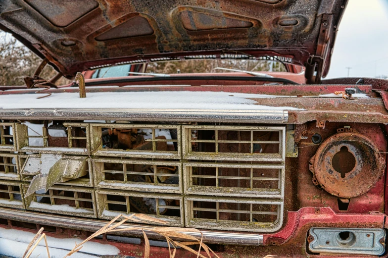 an old rusted truck with its hood open, by Arnie Swekel, unsplash, auto-destructive art, promo image, detailed innards, rectangle, lynn skordal