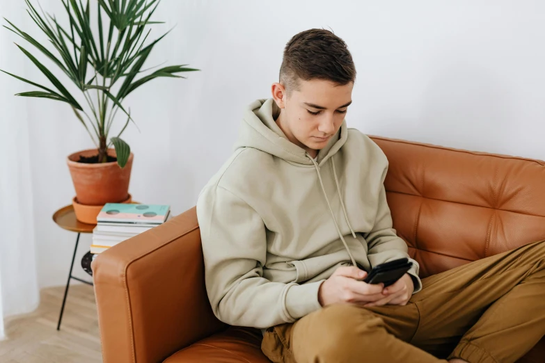 a man sitting on a couch holding a cell phone, trending on pexels, happening, beige hoodie, teenage boy, green and brown clothes, lachlan bailey