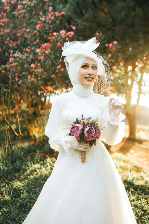 a woman in a wedding dress holding a bouquet, an album cover, inspired by Modest Urgell, pexels contest winner, white hijab, lush surroundings, gif, modeled