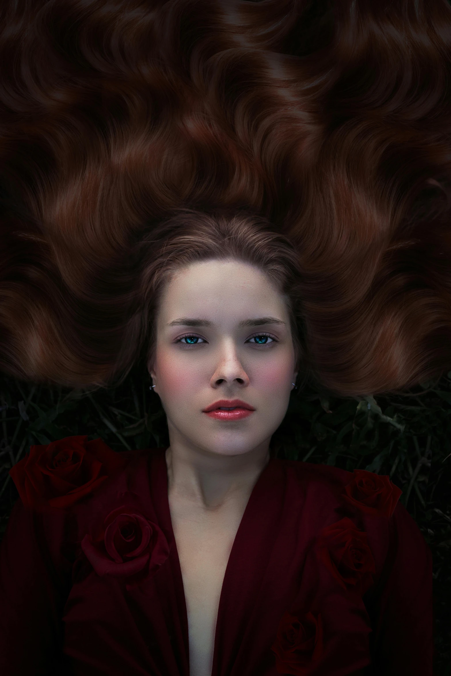 a woman laying on top of a lush green field, an album cover, inspired by Edward Robert Hughes, pexels contest winner, pre-raphaelitism, red rose in hair, yuri shwedoff and tom bagshaw, a portrait of lana del rey, on black background