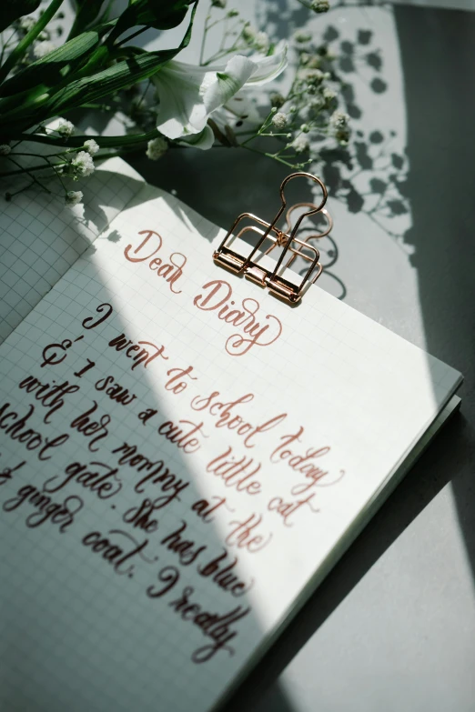 a notepad sitting on top of a table next to a bunch of flowers, inspired by Max Dauthendey, pexels, letterism, dappled sunlight, ivory and copper, good day, wedding