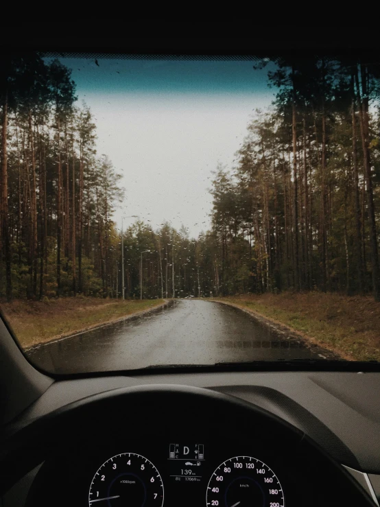 a view of a road through the windshield of a car, an album cover, inspired by Elsa Bleda, unsplash contest winner, realism, grey forest in the background, just after rain, 🚿🗝📝, vsco