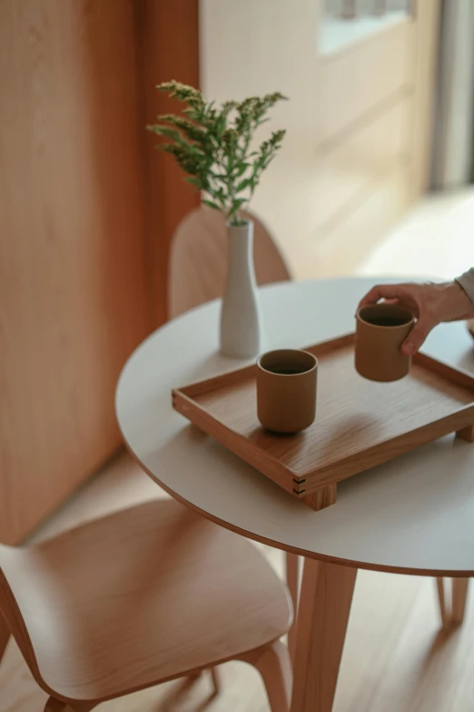 a person sitting at a table with a laptop, wood cups, kyoto inspired, soft shapes, close up details