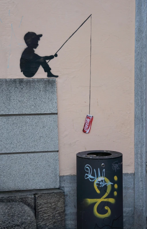 a painting of a boy fishing on the side of a building, unsplash, street art, drinking a bottle of coca-cola, minimalist photo, stockholm, string puppet