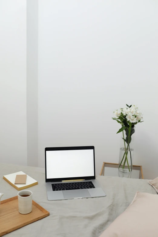 a laptop computer sitting on top of a table, inspired by Li Di, minimalism, books and flowers, in a white room, press shot, office clothes