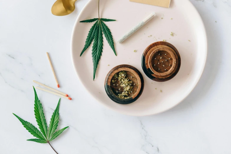 a white plate topped with different types of marijuana, a still life, by Julia Pishtar, trending on unsplash, process art, wooden magic wand, ceramic pot, miniature product photo, white and gold kintsugi