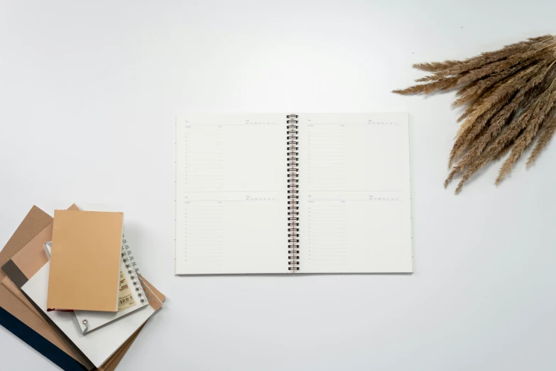 a stack of books sitting on top of a table, white sketchbook style, female calendar, thumbnail, beige