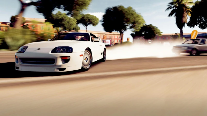 a white car driving down a street next to a white car, inspired by Zhu Da, unsplash, photorealism, ultra wide gameplay screenshot, toyota supra, golden hour 8 k, low angle