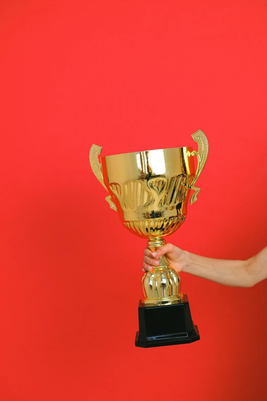 a woman holding a trophy in front of a red wall, pexels contest winner, “ golden cup, plain background, instagram post, gif