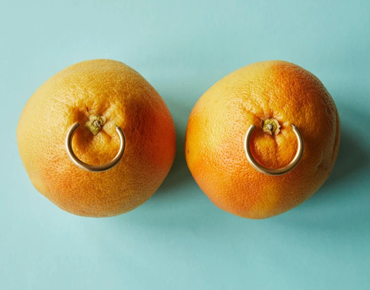 a couple of oranges sitting next to each other, inspired by Ren Hang, trending on pexels, metal neck rings, golden pommel, elder ring, extremely plump