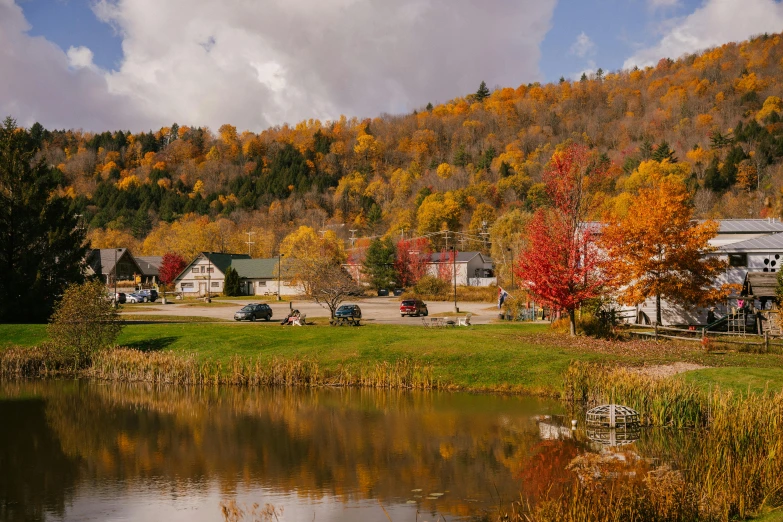 a river running through a lush green field next to a forest, by David Brewster, pexels contest winner, vermont fall colors, of a small village with a lake, maple trees along street, village square