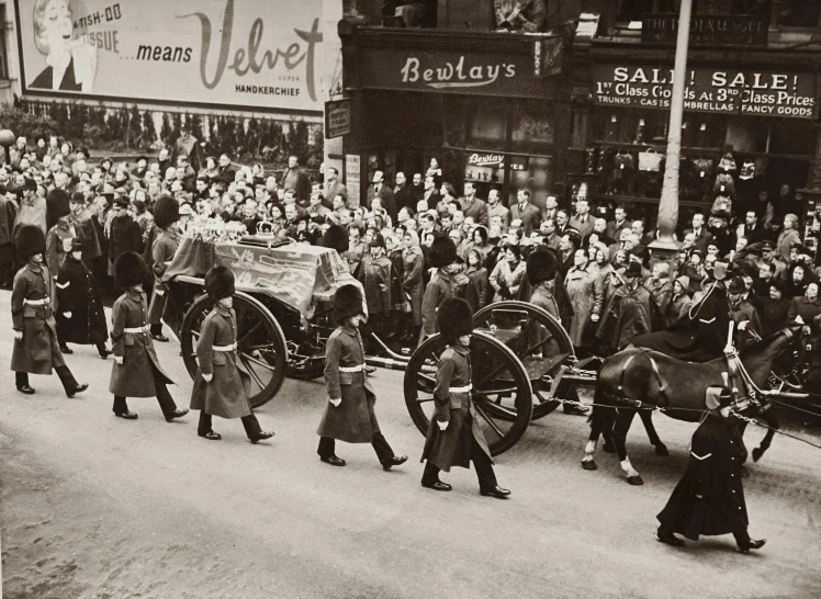 a large group of people walking down a street, casket, queen elizabeth, historical image, war photograph