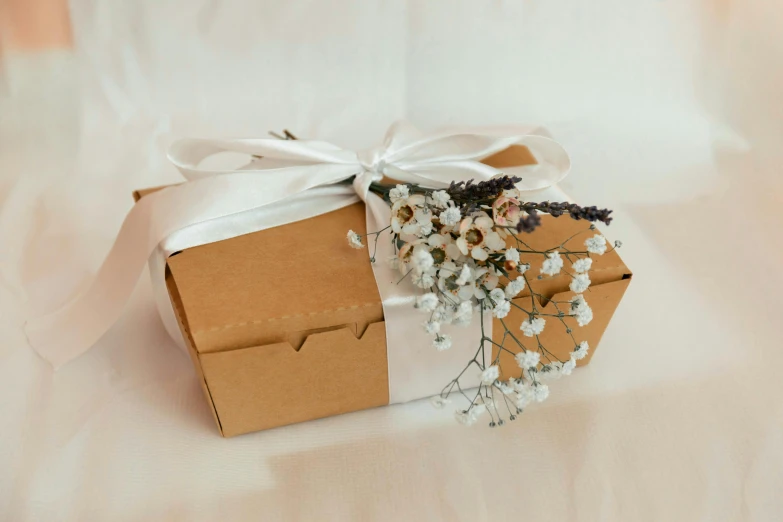 a brown box with a white ribbon tied to it, by Eden Box, unsplash, art nouveau, wrapped in flowers and wired, ready to eat, front facing shot, manuka