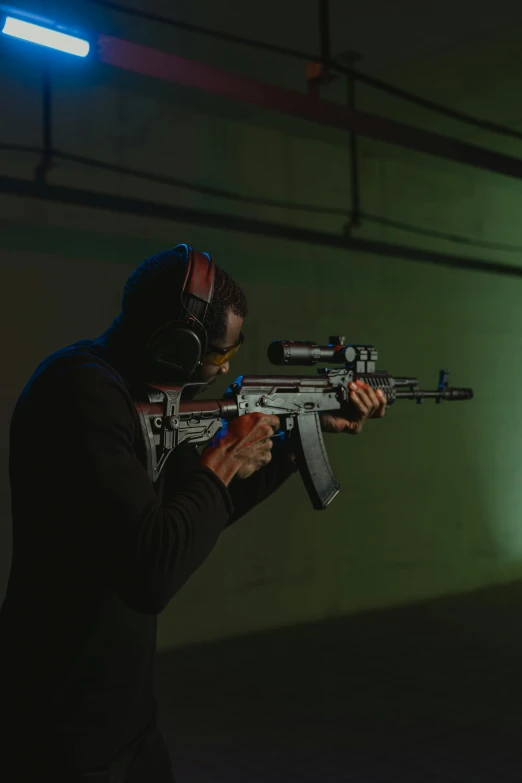 a man with a gun in a dark room, softair arena landscape, wearing tactical gear, ar glasses, jemal shabazz