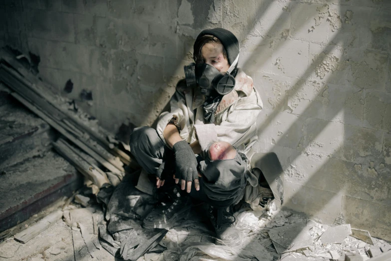 a man in a gas mask sitting on the ground, a colorized photo, inspired by ashley wood, pexels contest winner, renaissance, broken down grey wall, hunger, helghast, in a claustrophobic