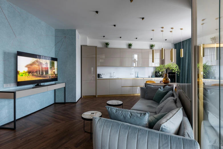 a living room filled with furniture and a flat screen tv, a 3D render, by Adam Marczyński, unsplash contest winner, hyperrealism, turquoise gold details, luxury condo interior, cgsociety 8 k, light grey blue and golden