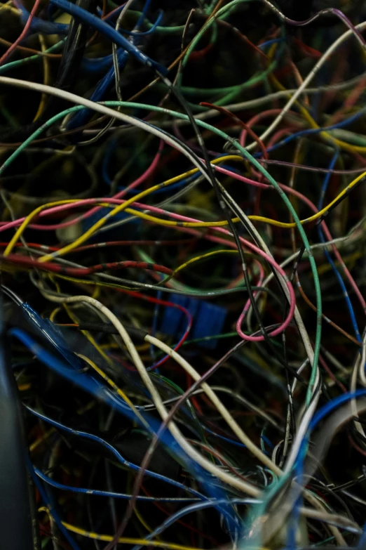 a pile of wires sitting on top of a table, pexels, happening, multicolor, dark filaments, photographed for reuters, environmental