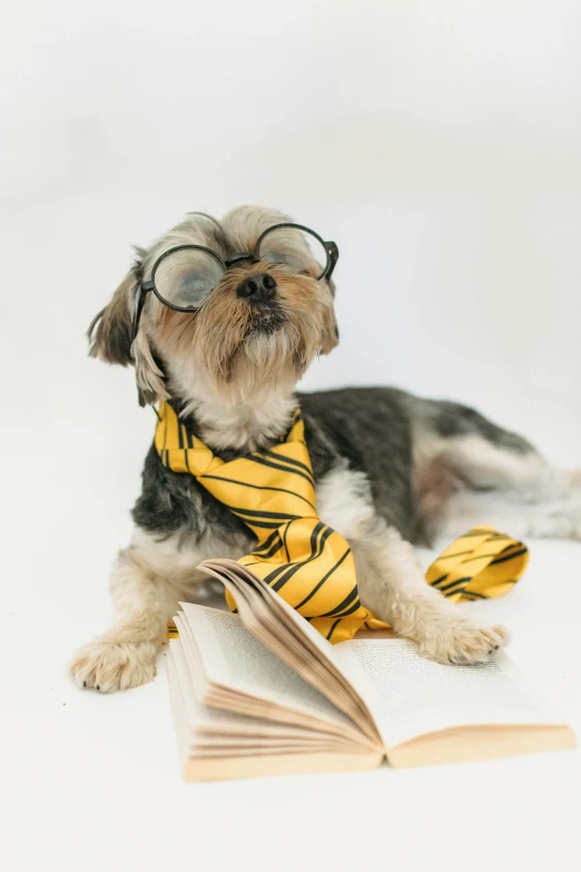 a dog wearing a tie and reading a book, a portrait, trending on pexels, yellow and black, academic clothing, shih tzu, studious