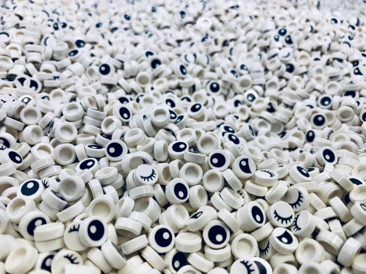 a pile of white cups with black eyes on them, 4 0 0 0 samples, black sclera white pupil, 🦑 design, tiny details