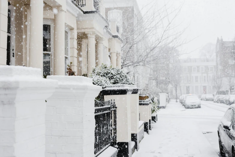 a street filled with lots of snow next to tall buildings, inspired by Myles Birket Foster, pexels contest winner, white houses, profile image, white marble interior photograph, neoclassical style