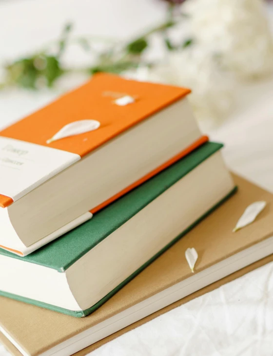 a stack of three books sitting on top of each other, inspired by Elsa Beskow, trending on unsplash, petals, green and orange theme, soft white rubber, thumbnail