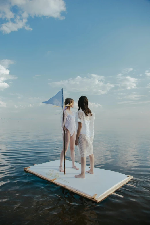 a couple of people standing on top of a boat, inspired by Oleg Oprisco, unsplash contest winner, conceptual art, holding a white flag, raft gameplay, young girls, white background”