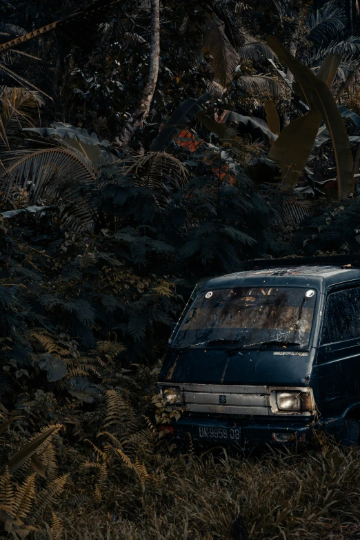 a van that is sitting in the grass, a detailed matte painting, inspired by Simon Stålenhag, auto-destructive art, standing in a burnt forest, from jurassic world (2015), in cyberpunk 2077, in a volcano